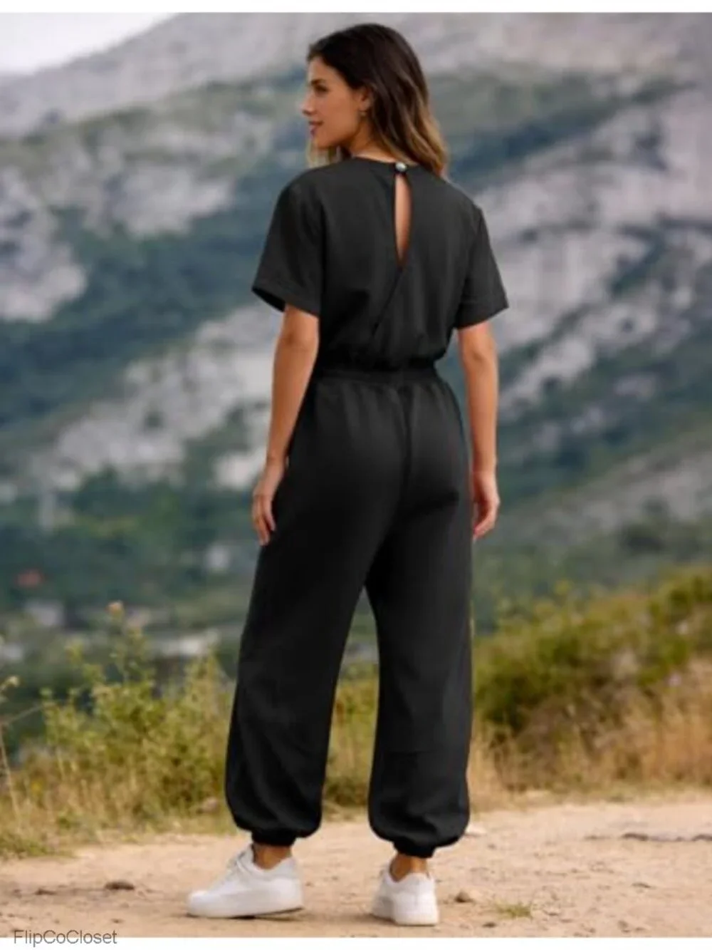 Womens One Piece Jumpsuit Casual Crewneck Wide Leg Romper Short Sleeve Cotton